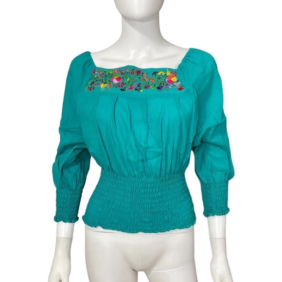 Boho Oaxaca Mexico Teal Blue Floral Top
New - Picture 2 of 5